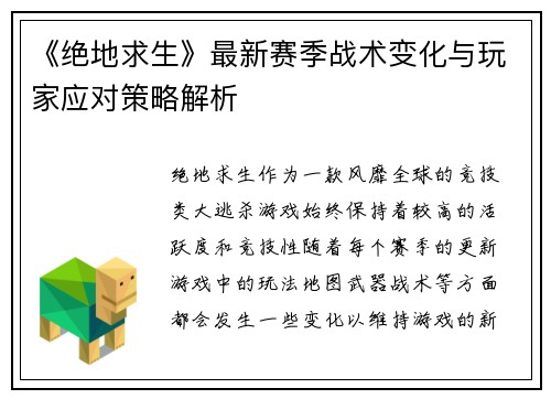 《绝地求生》最新赛季战术变化与玩家应对策略解析