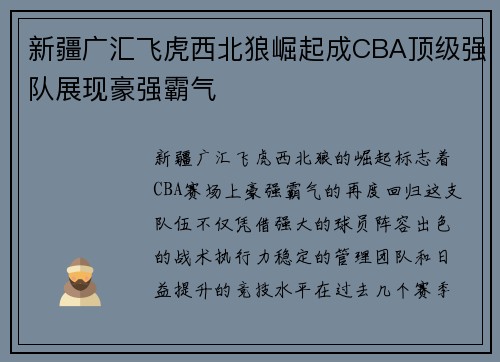 新疆广汇飞虎西北狼崛起成CBA顶级强队展现豪强霸气