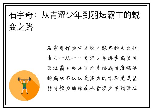 石宇奇：从青涩少年到羽坛霸主的蜕变之路